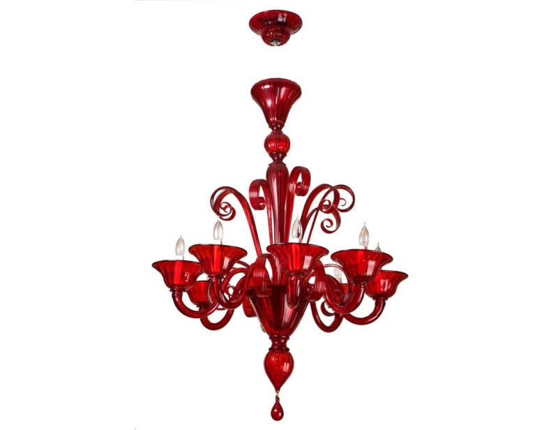 Red Murano 8 modern Italian chandelier with red glass